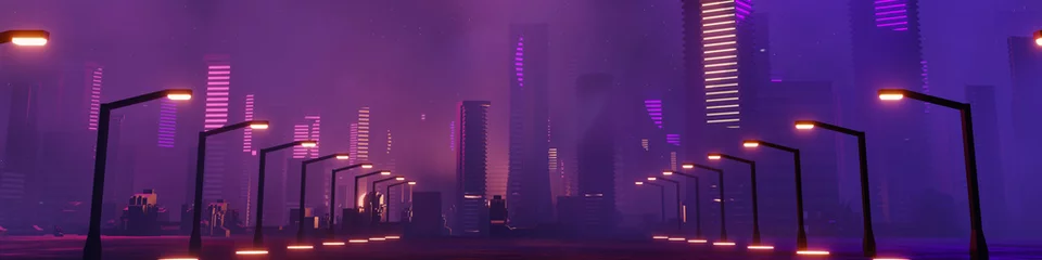 Wall murals Violet 3d render of Cyber punk night city landscape concept. Light glowing on dark scene.  Night life. Technology network for 5g. Beyond generation and futuristic of Sci-Fi Capital city and building scene.