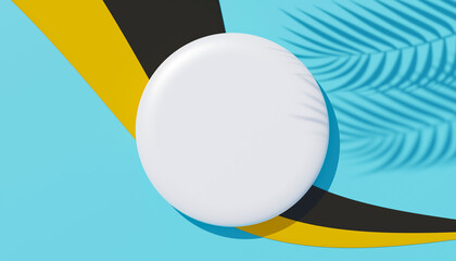 3d render top view of white blank cylinder frame for mock up and display products with shadows of palm leaves, earth tone, and pastel wall background. Creative idea concept. Widow shadow.
