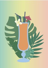 Summer cocktail banner with tropical leaves. Drink design icon.