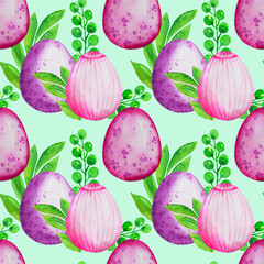 Watercolor happy easter colorful seamless pattern. Cute cartoon eggs, bunny repeatable background. Easter greeting card, wrapping paper, fabric, textile, clothes, postcard, design