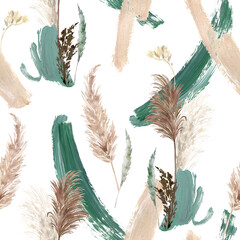 Watercolor pampas grass,  eucalyptus and hand painted strokes seamless pattern. Boho neutral colors and green background. Bohemian style wallpaper, fabric, textile, wrapping paper, wedding invitation