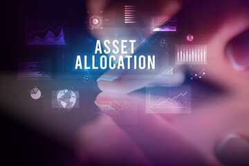 Finger touching tablet with business graphs and icons concept