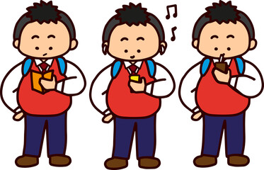 Title: School kids student character vector set. School boy with 3 different standing poses. Isolated character. Vector Illustration. EPS10.