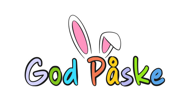 Danish text God Påske. Happy Easter colorful lettering and bunny ears. Vector illustration. Isolated on white background