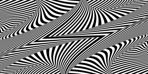 Abstract black and white striped background. Geometric pattern with visual distortion effect. Optical illusion. Op art.