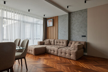 modern interior design in light beige colors. Concept of real estate objects and apartment for rent.