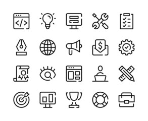 Web development icons. Vector line icons set. Programming, application development, coding concepts. Outline symbols, linear graphic elements. Modern design