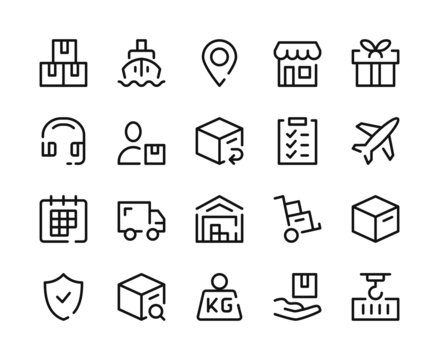 Delivery icons. Vector line icons set. Transportation, shipping, logistics concepts. Outline symbols, linear graphic elements. Modern design