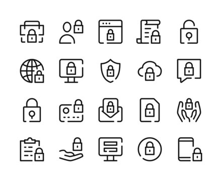 Security icons. Vector line icons set. Cybersecurity, data protection, safety, computer security concepts. Outline symbols, linear graphic elements. Modern design