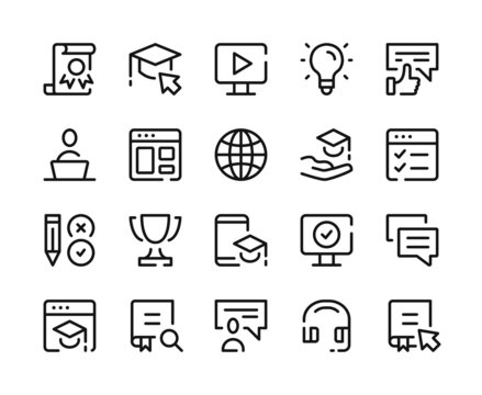 Online learning icons. Vector line icons set. Distance education, elearning, online courses concepts. Outline symbols, linear graphic elements. Modern design