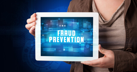 Person holding tablet, security concept