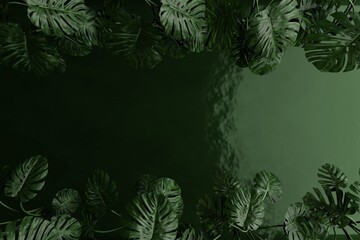 Jungle background, Top view of tropical leaves on green water backdrop. 3d render. - 495294945