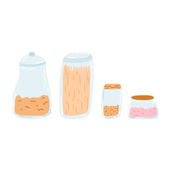 Set of glass jars with cereals in cartoon flat style. Reusable eco ware for storage of cereals, pasta, jams, legumes. Zero waste concept. Doodle vector illustration