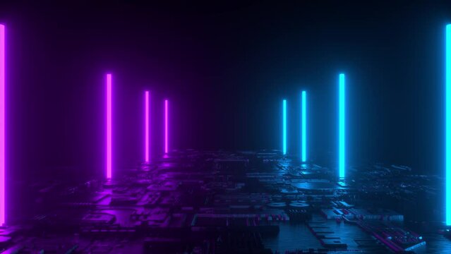 Futuristic neon tunnel 3d render animation loop.