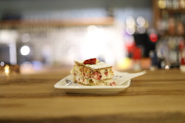 Fruit and Cream Cake on the Restaurant Table
