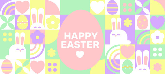 Fototapeta premium Easter greeting horizontal geometric banner in pastel colors with simple geometry symbols of holiday-eggs, bunnies and flowers with wishing text.Posters,flyers design for covers, web, greetings.Vector