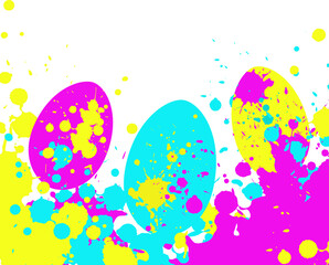Vector border : pink, blue, yellow splashes, drops and easter eggs. Creative colorful template for holiday card, invitation, poster, packing