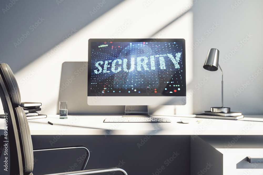 Poster cyber security creative concept on modern laptop monitor. 3d rendering
