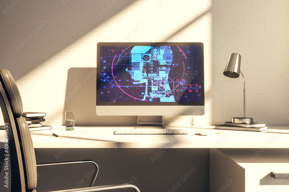 Aufkleber Modern computer screen with creative human head microcircuit. Future technology and AI concept. 3D Rendering