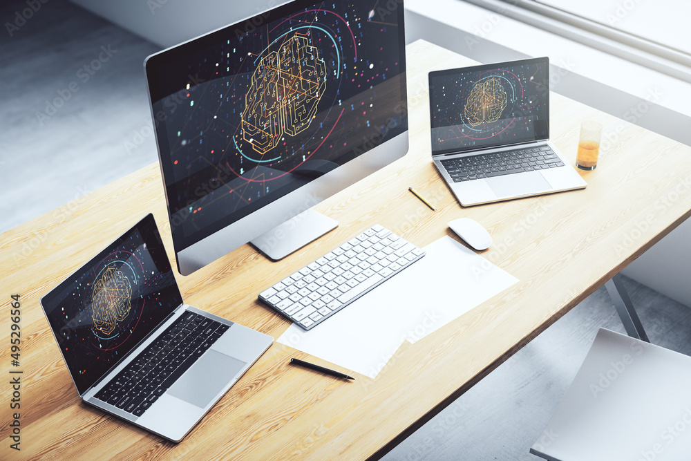 Aufkleber creative artificial intelligence concept with human brain hologram on modern laptop screen. 3d rende