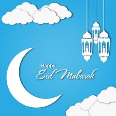 Paper art of crescent moon and lantern with sky blue background clouds. paper cut and craft styles. vector, illustration