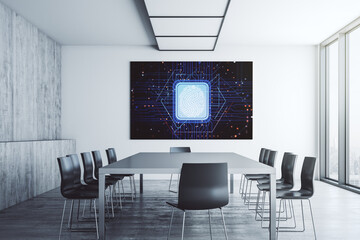 Abstract creative fingerprint illustration on tv display in a modern presentation room, personal biometric data concept. 3D Rendering