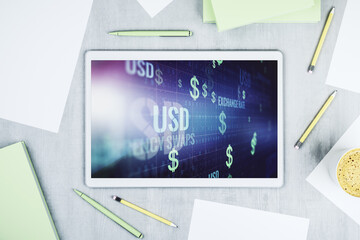 Creative concept of USD symbols illustration on modern digital tablet screen. Trading and currency concept. Top view. 3D Rendering