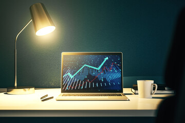 Modern computer display with abstract financial graph and upward arrow, financial and trading concept. 3D Rendering