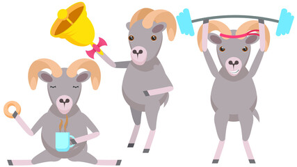 Set Abstract Collection Flat Cartoon Different Animal Arhali Rings The Bell, Drinking Tea With Donut, Goes In For Sports With A Barbell Vector Design Style Elements Fauna Wildlife