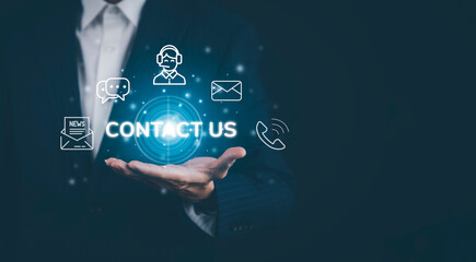 Concept communication and Contact us or Customer support hotline people connect. Business hand...