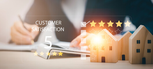 Customer review satisfaction feedback survey with wooden Home or house concept, User give a rating...