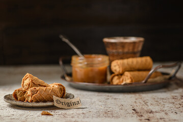 cookies with caramel on a tray