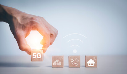 5G and communication and technology icon concept ,wooden block cube symbol telephone, cloud, email, address. Website page contact us or e-mail marketing, Contact us in customer support concept