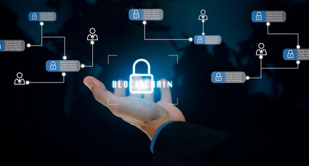 Hand holding keys icon with Blockchain technology on the black background, Blockchain technology concept with a chain of crypto-block, Fintech financial crypto-currencies such as Bitcoin and network
