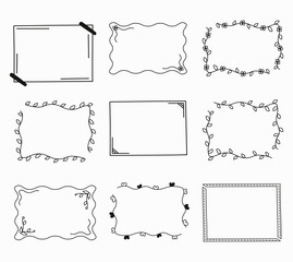 A set of frames on a black background, drawn in the style of doodles. Classic frames, frames with a floral pattern.