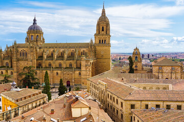 Fototapeta premium Stunning aerial view of the city of Salamanca with its cathedral emerging from the roofs of the houses.