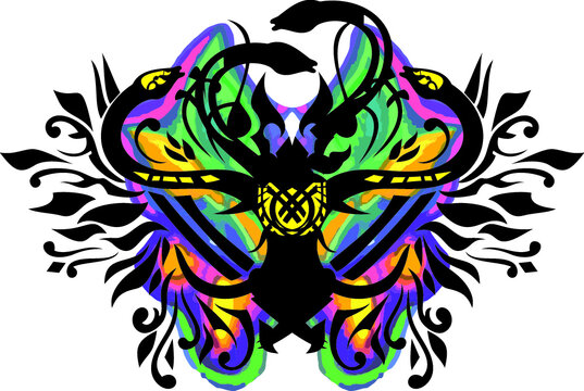 Tribal colored butterfly wings with snake elements on white for fashion trends. Bright butterfly wings with floral motifs and black winding snakes for textiles or prints, emblems on shields, wallpaper