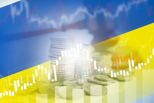 Ukraine flag and Old wood Judge hammer with stacking coins in close-up and coins stack Stock market investment trading financial, trade losses during the war, Business losses on stock market chart.
