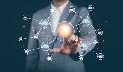 Man touching connect to data information on the Cloud Computing Technology Internet Storage Network Concept And a large database big data Through internet technology, Cloud sharing download and upload