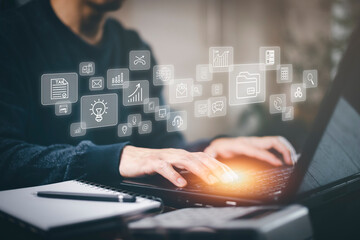 Man type tablet and graph Screen Icon of a media screen, Technology Process System Business with Communication and marketing concept, big data, HR Human, Business success,Document folder icon of data.