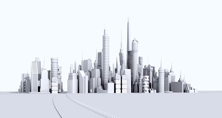 Modern city with skyscrapers, office and residential blocks, financial area. 3D rendering illustration, panoramic view at white background