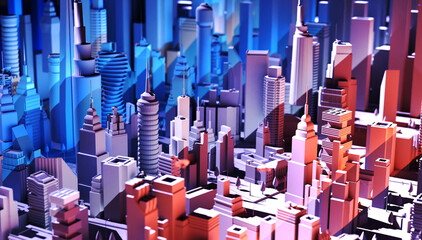 Modern city with skyscrapers, office and residential blocks, financial area with beautiful colourful lights. 3D rendering illustration