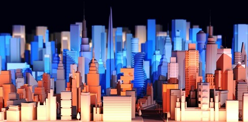 Modern city with skyscrapers, office and residential blocks, financial area with beautiful colourful lights. 3D rendering illustration