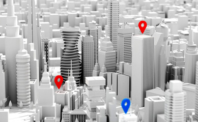 Modern city with skyscrapers, office and residential blocks, financial area and GPS icons. 3D rendering illustration