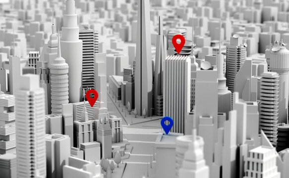 Modern city with skyscrapers, office and residential blocks, financial area and GPS icons. 3D rendering illustration
