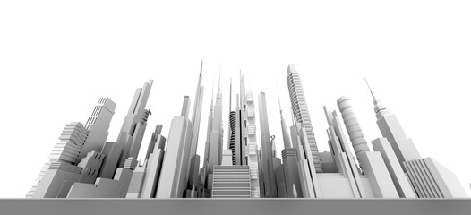 Modern city with skyscrapers, office and residential blocks, financial area perspective view from the grounds. 3D rendering illustration, panoramic view