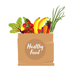 Healthy food in a paper bag, food basket. Set for grocery shopping. 