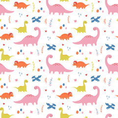 Doodle dinosaur pattern. Childish seamless print with cute little dinos, trees and flowers for kids textile, wrapping, wallpaper, apparel. Vector illustration