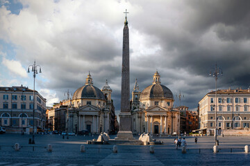 Fototapeta na wymiar Piazza del Popolo is a large urban square in Rome. The name in modern Italian literally means 