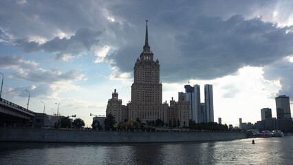 Hotel Ukraina skyscraper in the moody weather, Moscow, Russia  